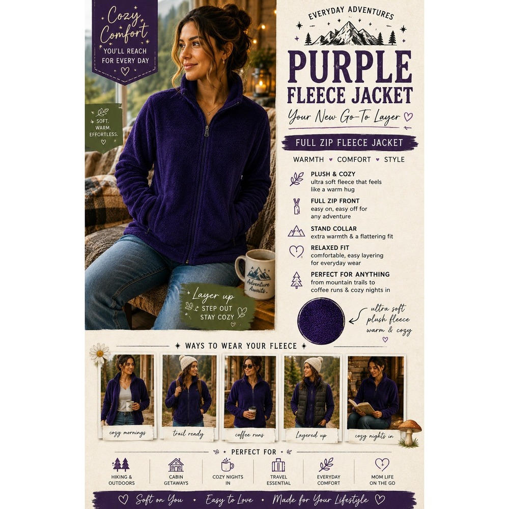 Fleece Jacket Purple Womens S Full Zip Cozy Outdoor Cabin Gorpcore
